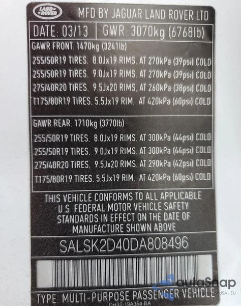 2013 Land Rover Range Rover Sport Hse Luxury z USA, uszkodzony, nr VIN SALSK2D40DA808496